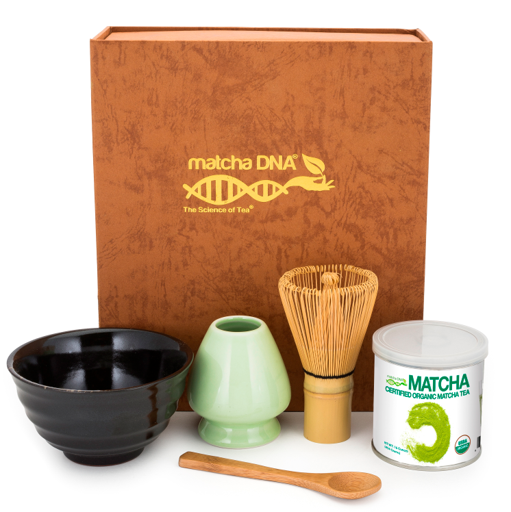 Matcha Tea Gift Box Set - Matcha Tea Ceremony Gift Set by MATCHA DNA  (Brown) - 1 oz Organic Ceremonial Matcha Green Tea Tin, Bamboo Whisk,  Ceramic